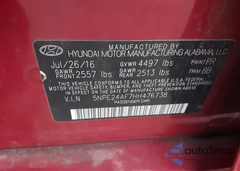 2017 Hyundai Sonata Se из США, поврежденный, VIN 5NPE24AF7HH476738